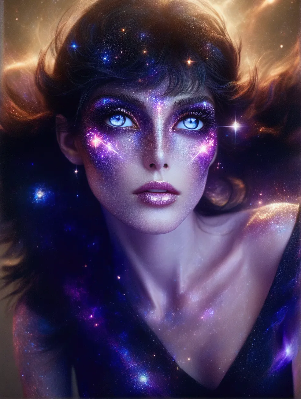 arafed woman with blue eyes and a black dress with a purple glow, portrait of a cosmic goddess, stars in her gazing eyes, strang...