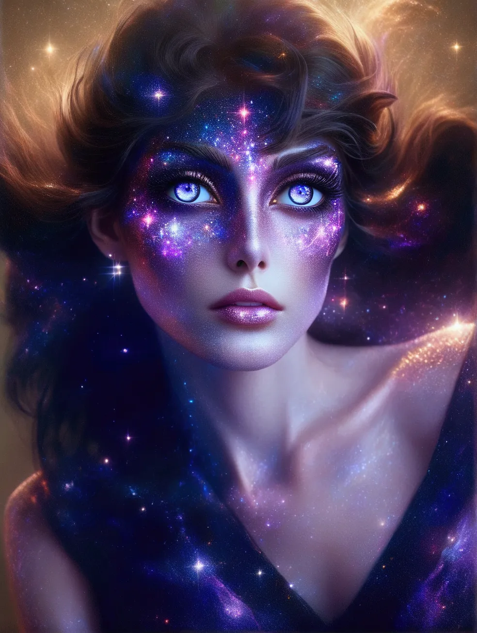 arafed woman with blue eyes and a black dress with a purple glow, portrait of a cosmic goddess, stars in her gazing eyes, strang...