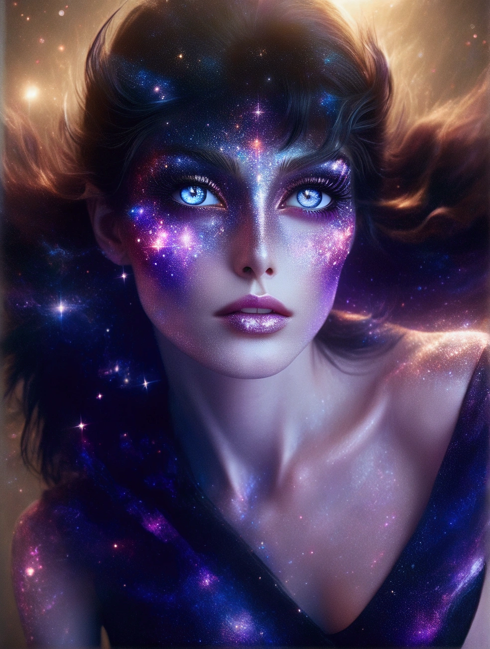 arafed woman with blue eyes and a black dress with a purple glow, portrait of a cosmic goddess, stars in her gazing eyes, strange portrait with galaxy, beauty blade runner woman, futuristic woman portrait, portrait beautiful sci - fi girl, cyborg goddess in cosmos, portrait of a sci - fi woman, sci - fi look, “ femme on a galactic shore