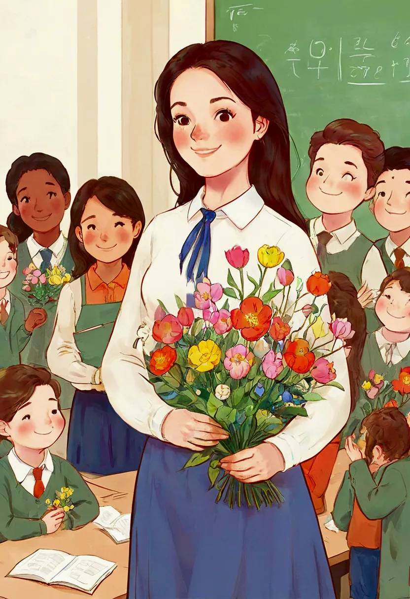 eacher's day illustration, a lovely teacher holding flowers, surrounded by a group of students, in a classroom，corporate memphis...