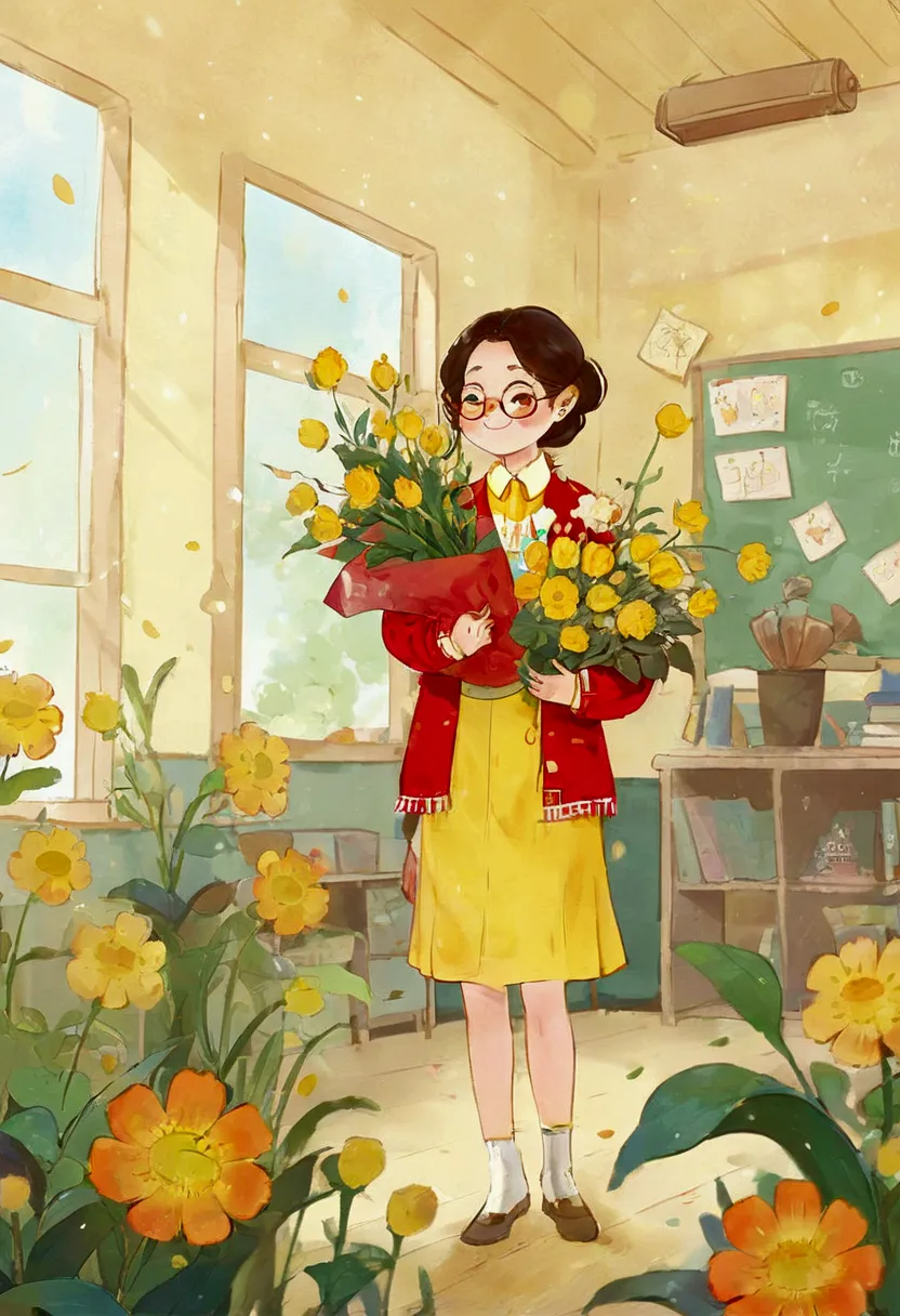 the classroom is filled with sunshine in the afternoon, a teacher wearing glasses happily holds flowers sent by students, warm t...