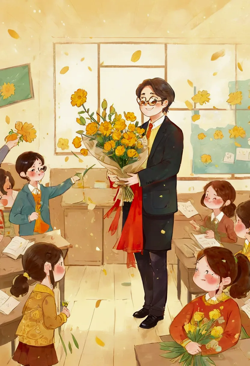 the classroom is filled with sunshine in the afternoon, a teacher wearing glasses happily holds flowers sent by students, warm t...