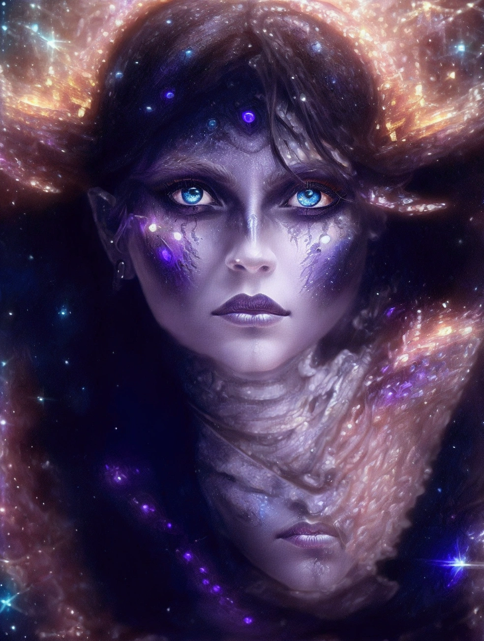 arafed woman with blue eyes and a black dress with a purple glow, portrait of a cosmic goddess, stars in her gazing eyes, strange portrait with galaxy, beauty blade runner woman, futuristic woman portrait, portrait beautiful sci - fi girl, cyborg goddess in cosmos, portrait of a sci - fi woman, sci - fi look, “ femme on a galactic shore