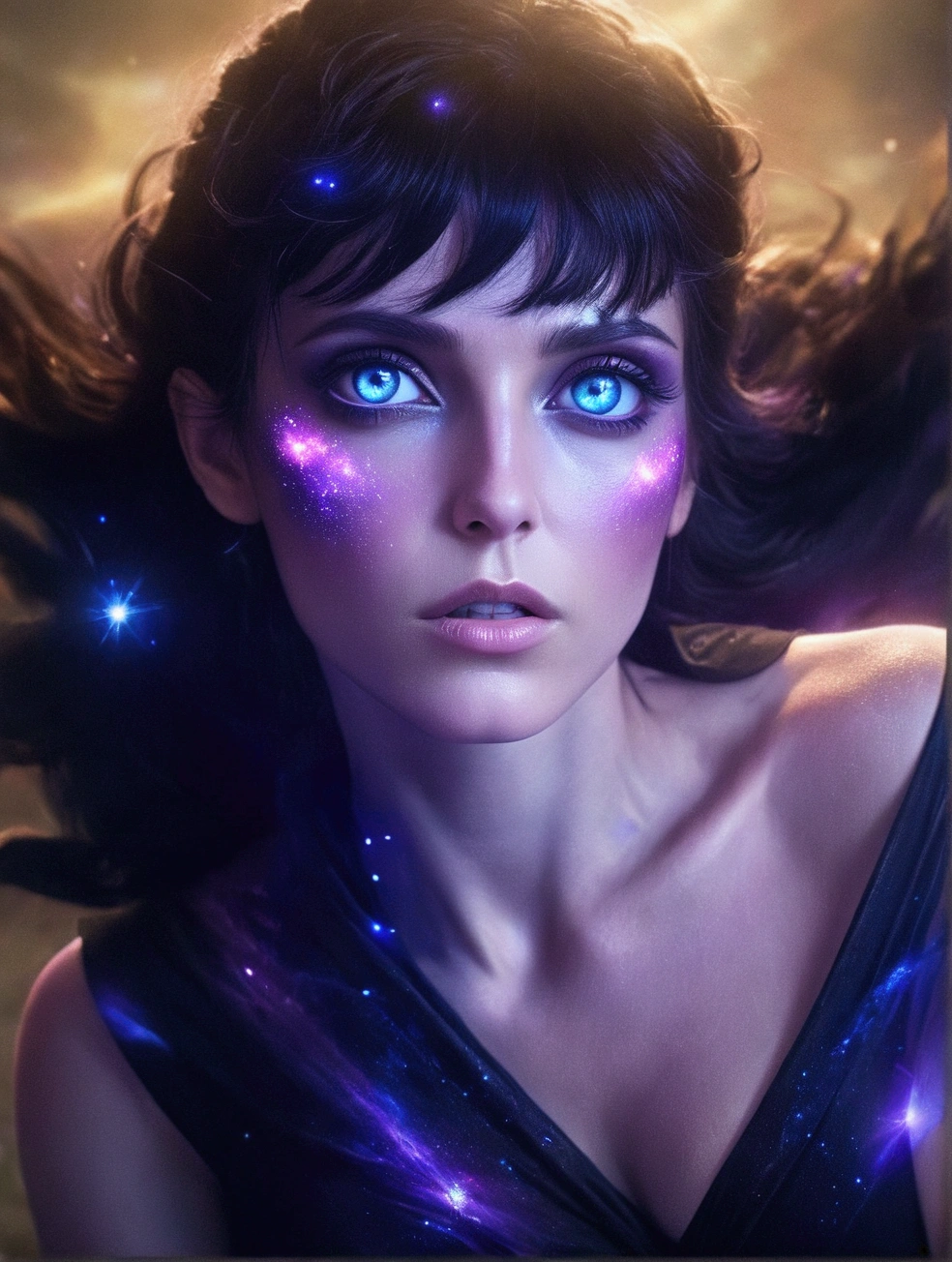 arafed woman with blue eyes and a black dress with a purple glow, portrait of a cosmic goddess, stars in her gazing eyes, strange portrait with galaxy, beauty blade runner woman, futuristic woman portrait, portrait beautiful sci - fi girl, cyborg goddess in cosmos, portrait of a sci - fi woman, sci - fi look, “ femme on a galactic shore