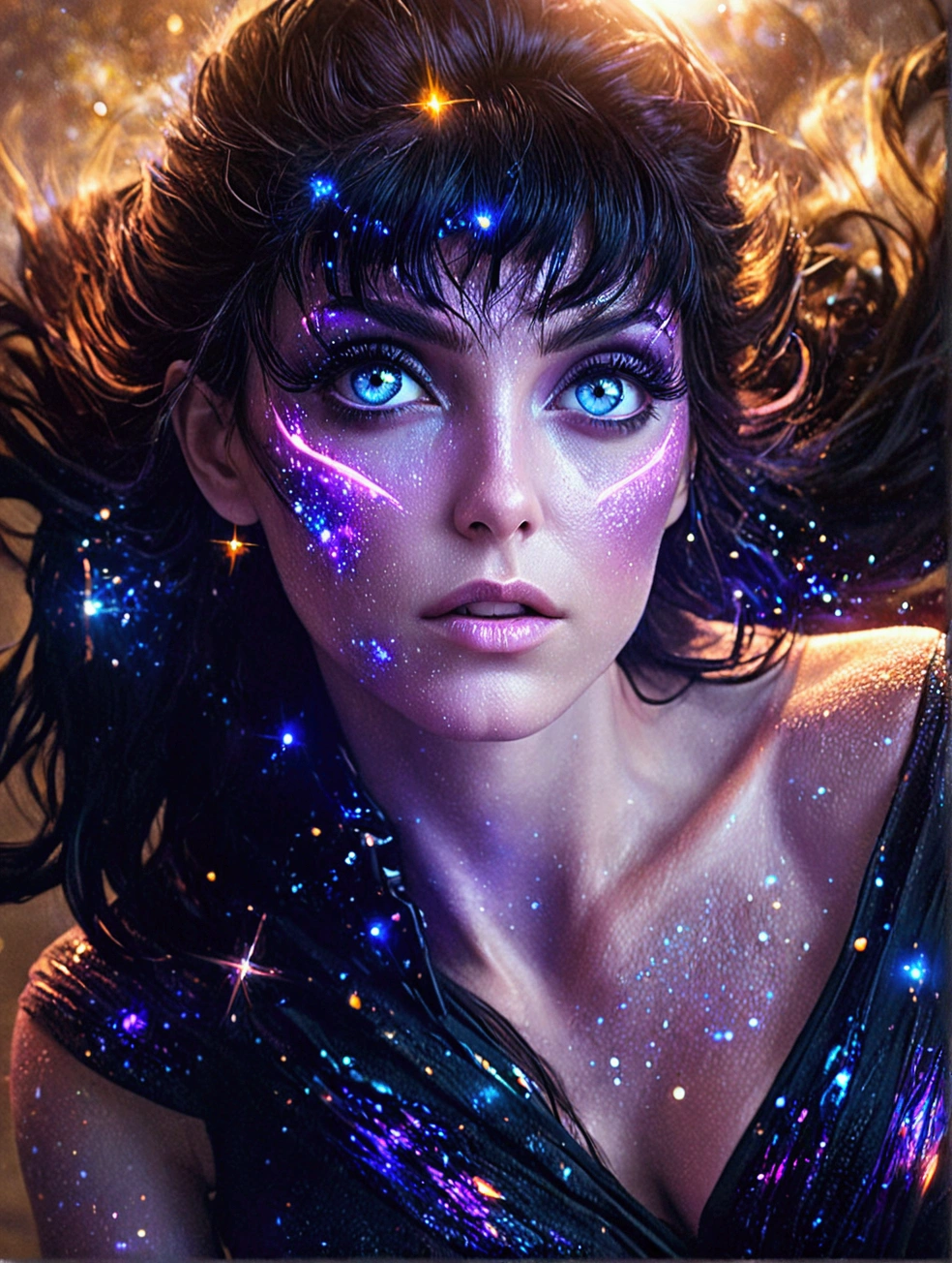 arafed woman with blue eyes and a black dress with a purple glow, portrait of a cosmic goddess, stars in her gazing eyes, strange portrait with galaxy, beauty blade runner woman, futuristic woman portrait, portrait beautiful sci - fi girl, cyborg goddess in cosmos, portrait of a sci - fi woman, sci - fi look, “ femme on a galactic shore