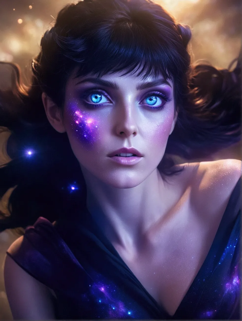 arafed woman with blue eyes and a black dress with a purple glow, portrait of a cosmic goddess, stars in her gazing eyes, strang...