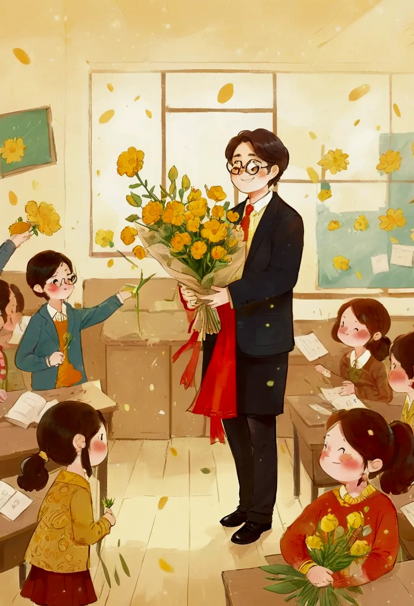 the classroom is filled with sunshine in the afternoon, a teacher wearing glasses happily holds flowers sent by students, warm t...