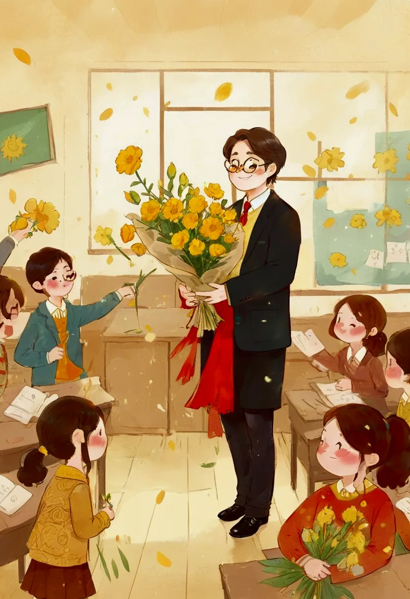 the classroom is filled with sunshine in the afternoon, a teacher wearing glasses happily holds flowers sent by students, warm t...