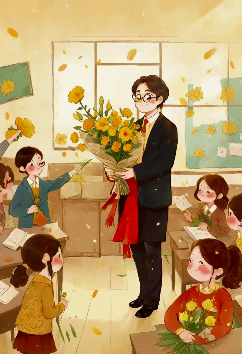 the classroom is filled with sunshine in the afternoon, a teacher wearing glasses happily holds flowers sent by students, warm t...