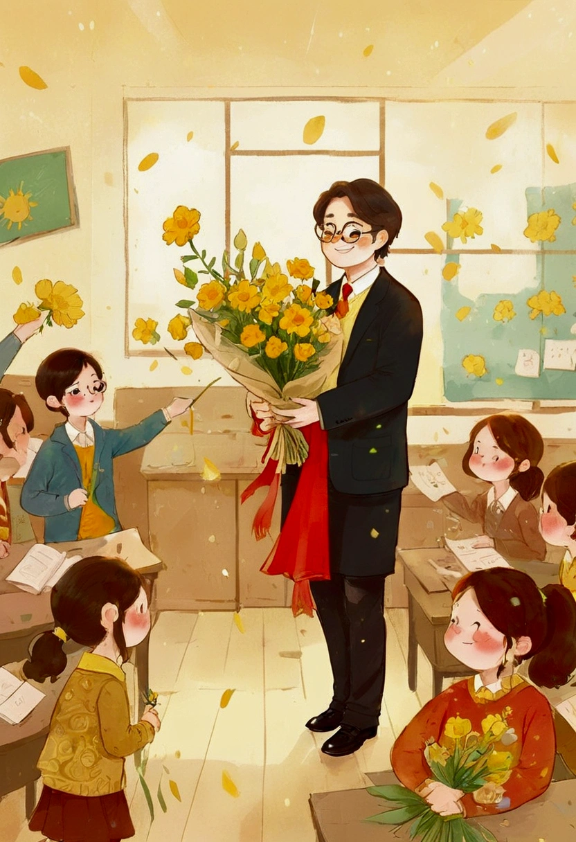 The classroom is filled with sunshine in the afternoon, A teacher wearing glasses happily holds flowers sent by students, warm tone, teacher's character design