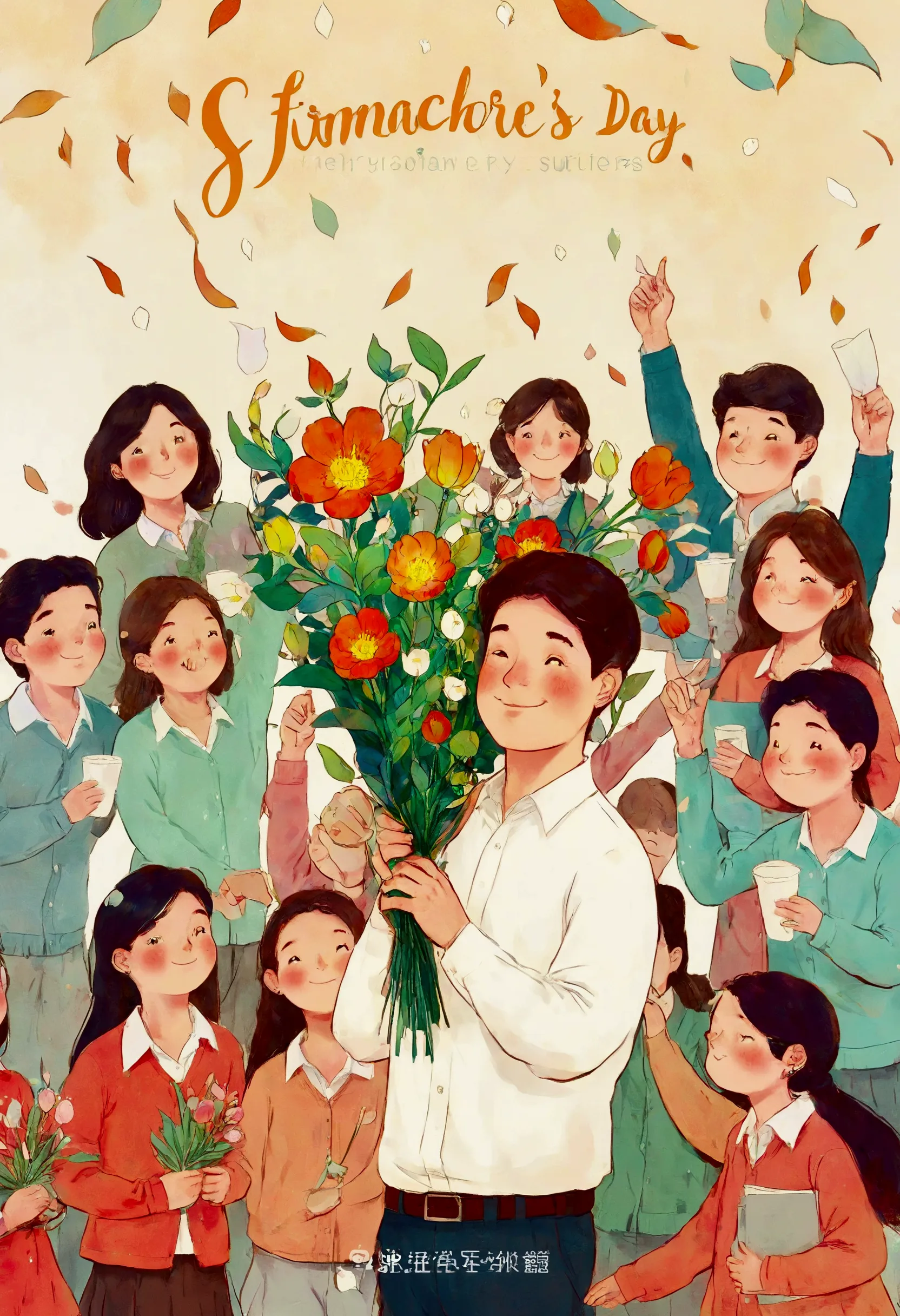 eacher's day illustration, a lovely teacher holding flowers, surrounded by a group of students, in a classroom，corporate memphis...