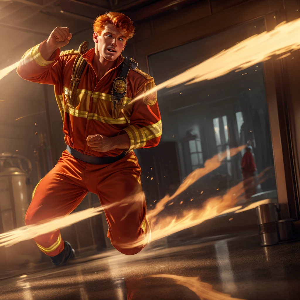 Illustration in Leyendecker style:a male 2 firefighter man taking off clothes at the fire-station, seductive facial expression, ginger hair, , hairy body, sweat on body, firefighter uniform, firefighter gear, pulled down pants, dynamic pose, staring at a viewer, natural lighting, natural shadows, reflections, 4K, HDR, highly detailed, ray tracing, reflections,