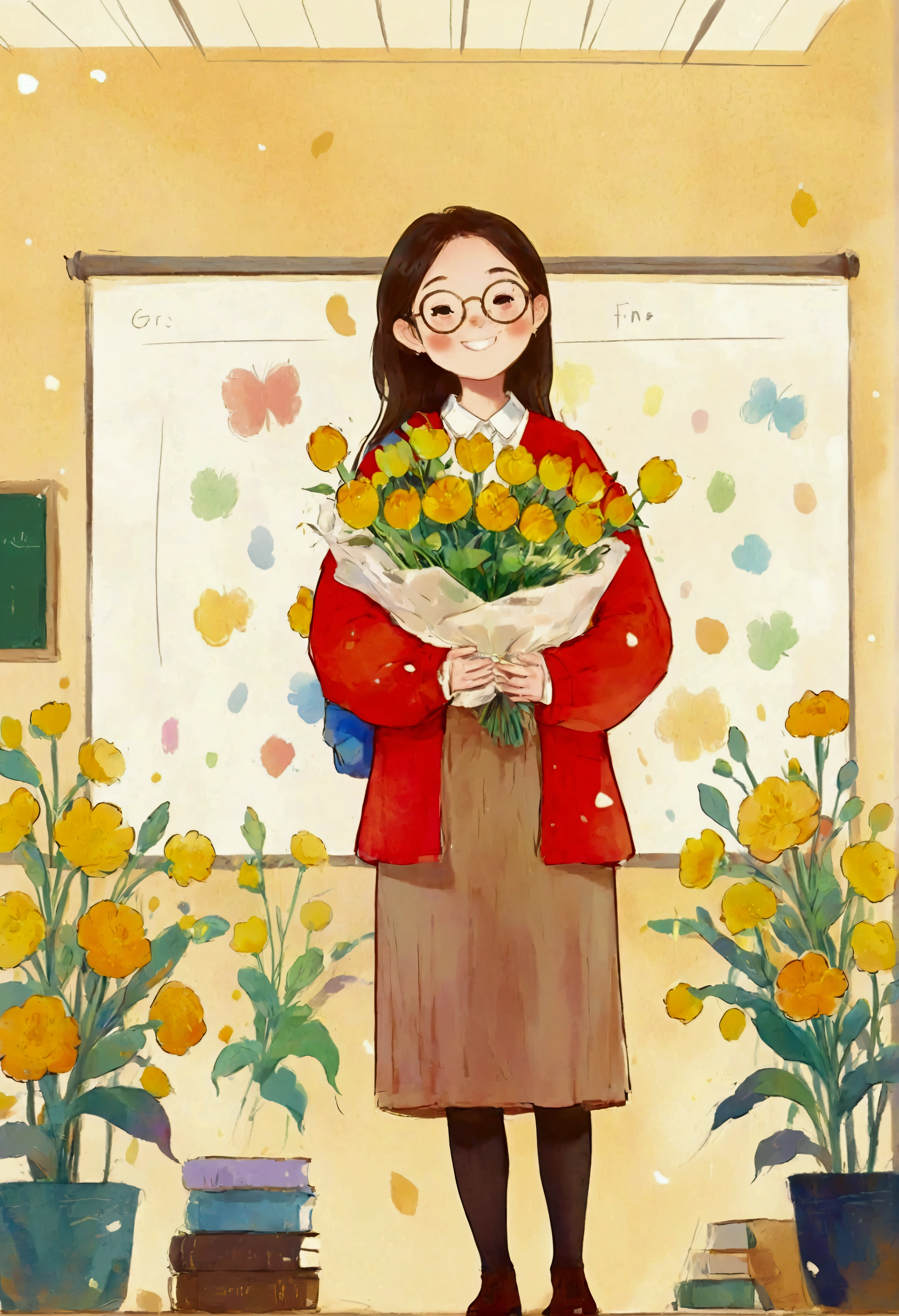 The classroom is filled with sunshine in the afternoon, A teacher wearing glasses happily holds flowers sent by students, warm tone, teacher's character design