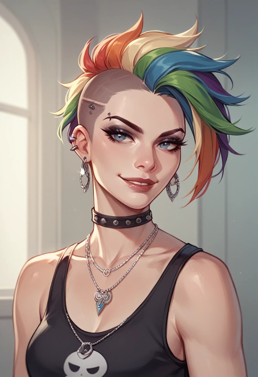 1 girl, Holo-punk style, rainbow hair, earrings, eyelashes, Smirk, in room, Jewelry, lips, draw up, NECKLACE, Goth, masterpiece, Best quality