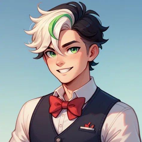 human male , black hair style  ,(( whiter highlights )), solo , green pupils ,vest,bow tie