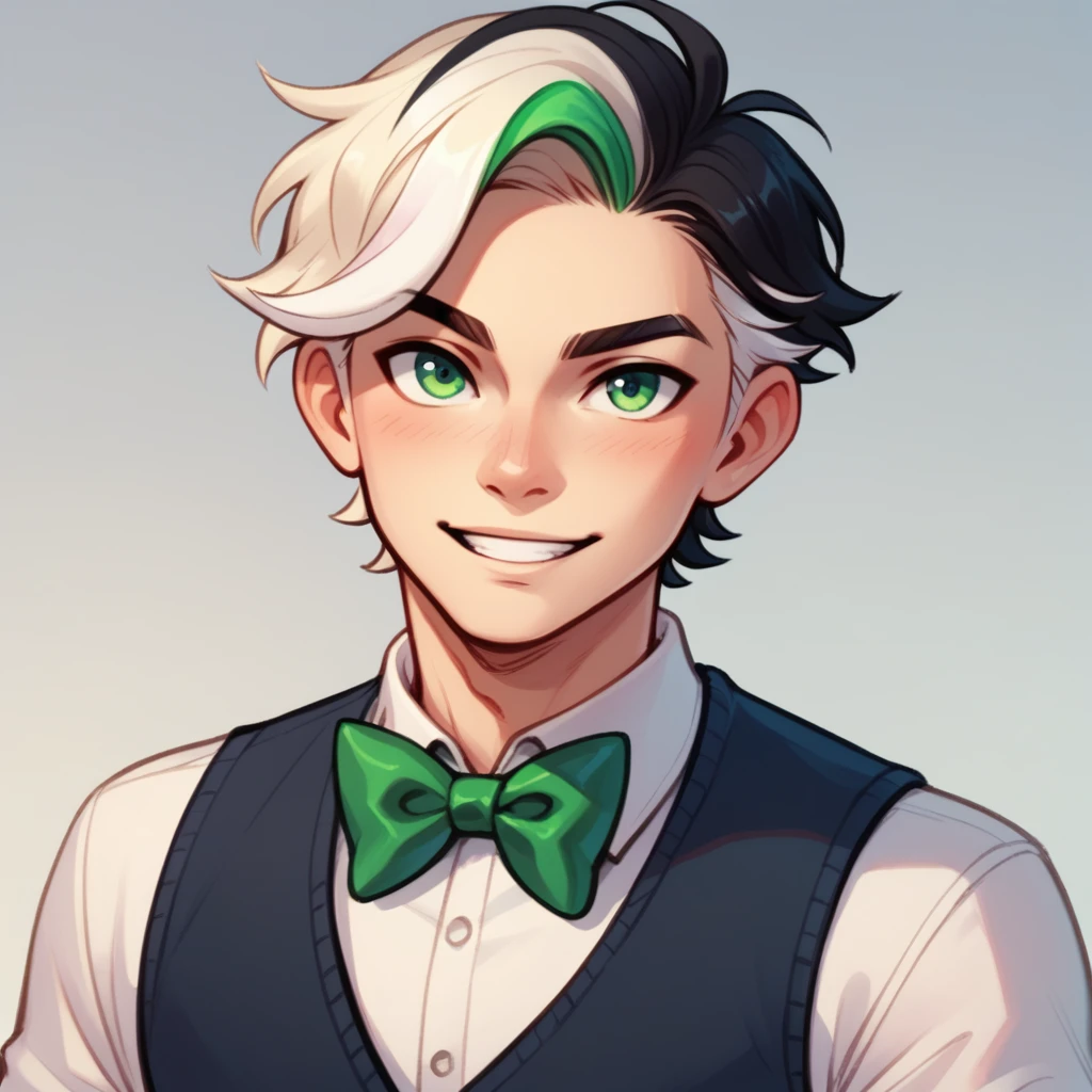 Human Male , Black hair Style  ,(( whiter highlights )), solo , Green pupils ,vest,bow Tie 