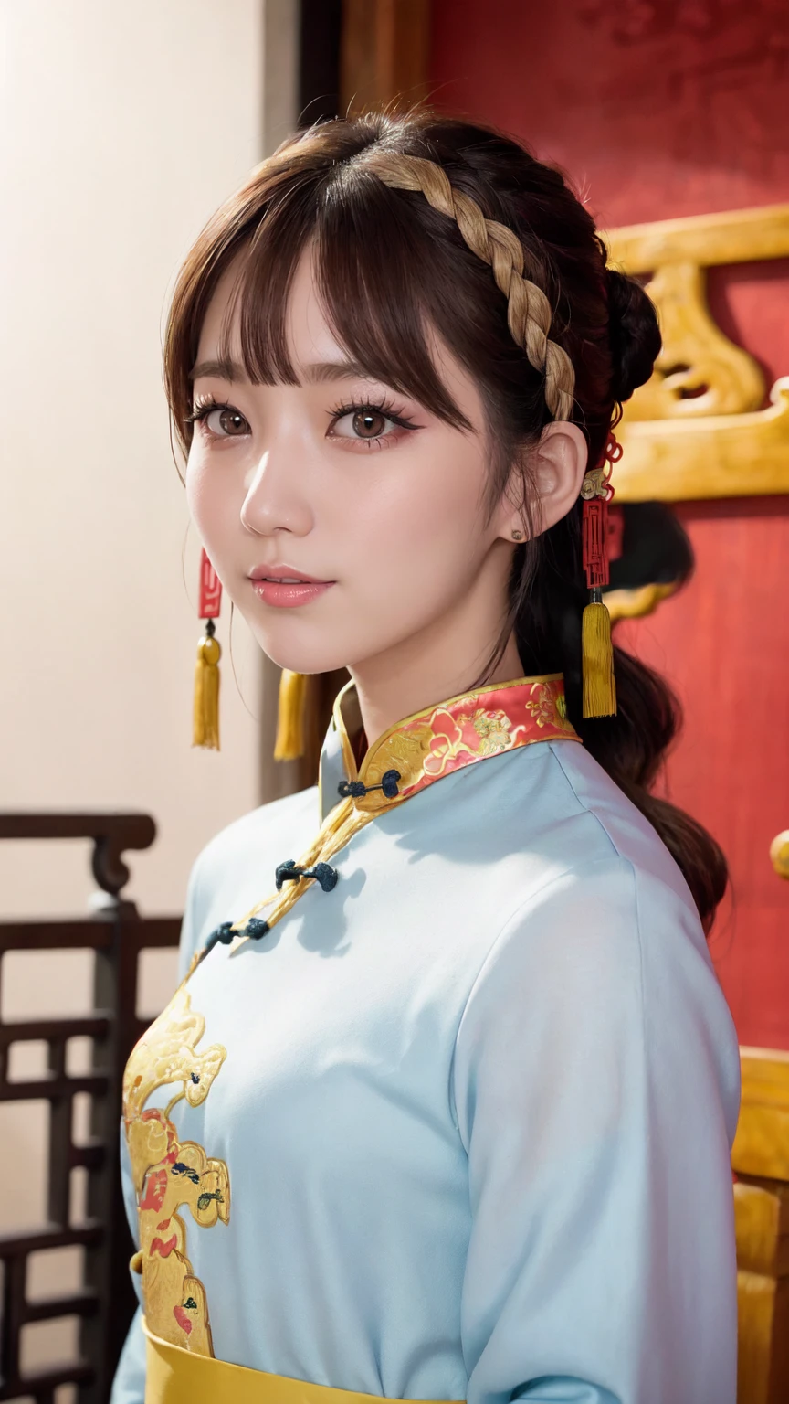 Realistic, masterpiece, Highest quality, Highest Resolution, Anatomically correct, Accurate Anatomy, 7 heads, Height: 165cm, One Japanese woman, profile, Staring at the audience, Smiling with an open mouth, Staring at the audience, Fine and beautiful eyes, Sparkling eyes, Thin eyebrows, Gives lashes a delicate finish, False eyelashes, (Chinese traditional makeup:1.2), (Dumpling＋Braided hair, Blunt bangs, Brown Hair:1.2), Detailed face, Sharp Eyes, (Traditional Chinese Dress, Clothes that fit snugly to the body, Random Color:1.3), Upper body photo, Background like ink painting