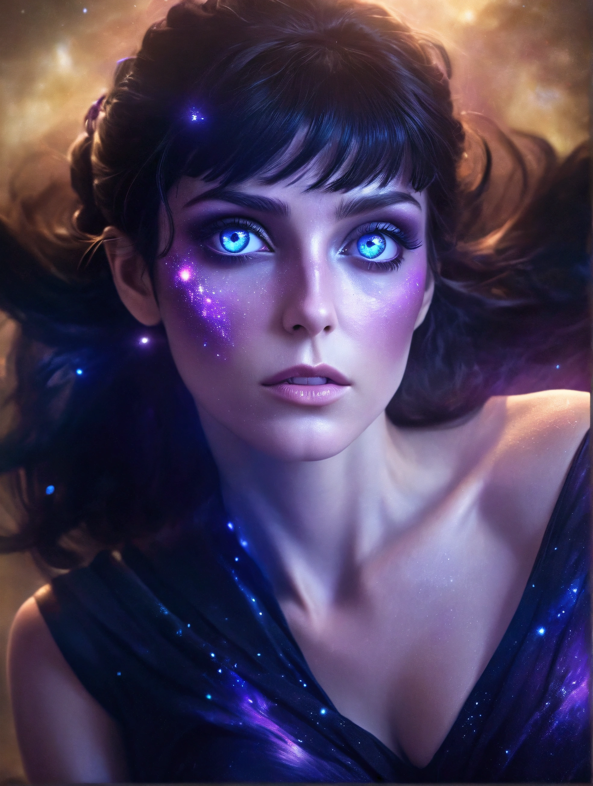 arafed woman with blue eyes and a black dress with a purple glow, portrait of a cosmic goddess, stars in her gazing eyes, strange portrait with galaxy, beauty blade runner woman, futuristic woman portrait, portrait beautiful sci - fi girl, cyborg goddess in cosmos, portrait of a sci - fi woman, sci - fi look, “ femme on a galactic shore