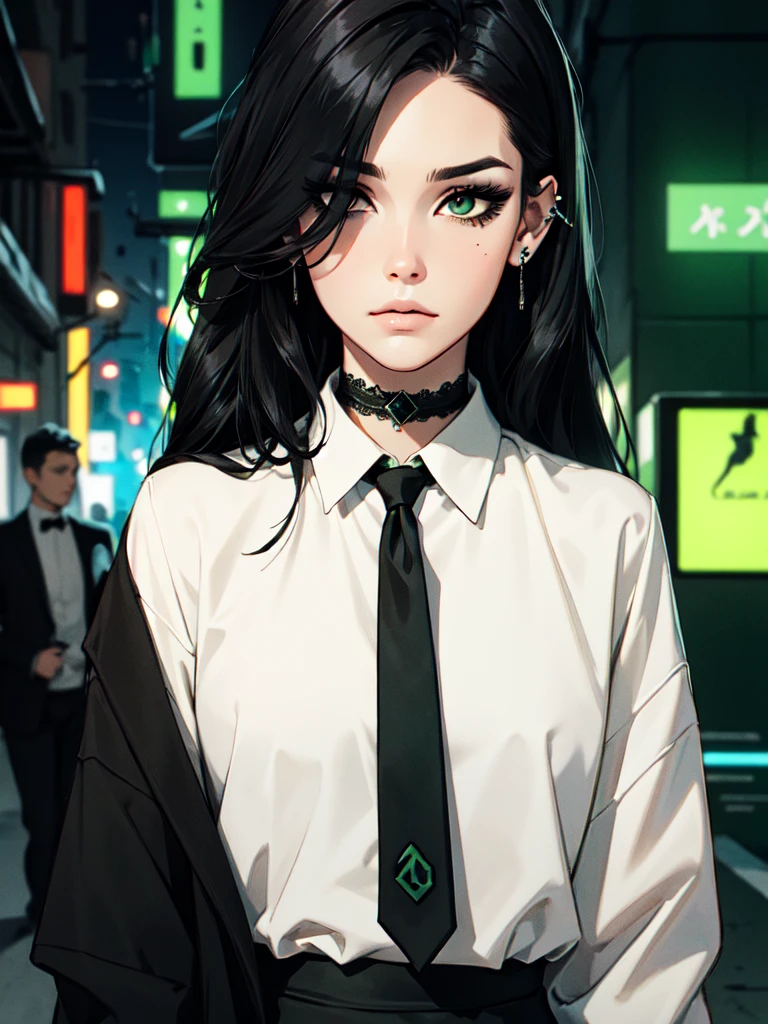 1girl, ((hair over eye)), (tight black lace blazer), black tie, ((long hair)), ((straight hair)), (((black hair))), side swept bangs, white skin, pale, white, (green eye), tired expression, choker, ((dark makeup, mascara, eyeshadow)), mole under eye, multiple piercings, best quality, 8k, cyberpunk city, neon streets, white shirt, erotic, slytherin