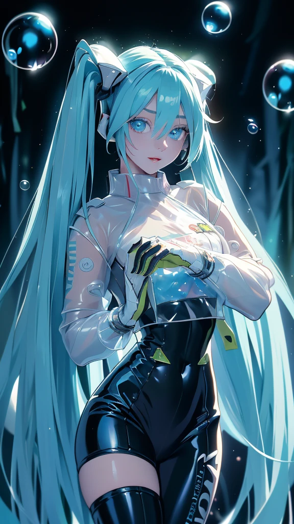 (Best quality,a high resolution,Ultra - details,valid), Hatsune Miku, big breasts, dynamic pose , dark green hair, (two tails) , Very long hair, Put your hands behind your back, Blue eyes, bright eyes, relaxed face, eyebrow hair, shiny hair,,(Destroyed dungeon background:1.4 ), Shiny skin, slight smile, Racing Miku, Negro body, Short jacket, white jacket, long sleeve, two-tone gloves, thigh high boots,,(Destroyed dungeon background nublado lluvia :1.4 ),(masterpiece: 1.4), (8 K, realist, Raw photo, Best quality: 1.4),(Hatsune Miku:1.4), (Hatsune Miku V2.1), (Detailed faces: 1.5, (красивые Blue eyes :1.4) , Beautiful face, beautiful eyes, Iris outline, thin lips: 1.5, thin, sharp pale eyebrows, long, dark eyelashes, double tabs),perfect hands: 1.5, (Cinematic V2.1), (Large transparent soap bubbles:1.4) 