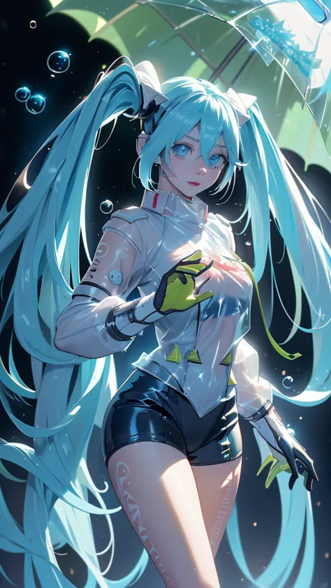 (best quality,a high resolution,ultra - details,valid), hatsune miku, big breasts, dynamic pose , dark green hair, (two tails) ,...