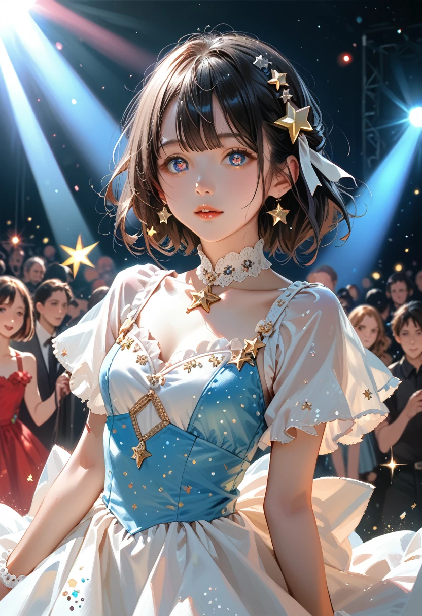 1 girl, One, Best quality, masterpiece , rubi hoshino,  hair ornament, sparkling eyes, star on the eye, (star on the right eye:1), (dress:1.4), (concert 1), On the stage,