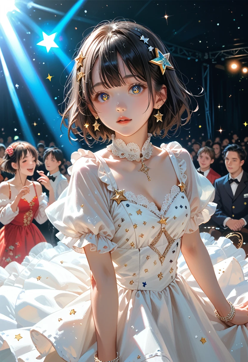 1 girl, One, Best quality, masterpiece , rubi hoshino,  hair ornament, sparkling eyes, star on the eye, (star on the right eye:1), (dress:1.4), (concert 1), On the stage,