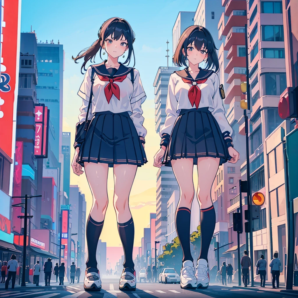  ((Two giant high school girls standing on the road) ) Composition seen from below, true sunset, sunset, evening, masterpiece Anime style Delicate painting 4K 90's Huge Multiple crowd Crowd in a big city Lots of people ) (( Sailor Uniform)) ((School Uniform)) ((Big City)), ((Tokyo Akihabara Electric Town)), Big Breasts, High School Girl, Transparent Costume, Sweaty, Splashes, Sneakers, Watch, Black Hair, Smile, Female Titan Giant Girl Full Body Crowd Unreal Engine, Cleavage, Image, Earrings, Cute Photo, Beauty, Analog Style, Full Body, Sneakers, GTS, Giant Female Giant, Building Valley Girl, Skyscraper City, Big City, GTS , Giant Female Titan,