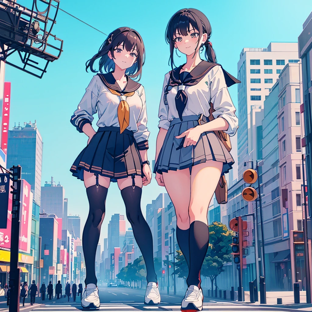  ((Two giant high school girls standing on the road) ) Composition seen from below, true sunset, sunset, evening, masterpiece Anime style Delicate painting 4K 90's Huge Multiple crowd Crowd in a big city Lots of people ) (( Sailor Uniform)) ((School Uniform)) ((Big City)), ((Tokyo Akihabara Electric Town)), Big Breasts, High School Girl, Transparent Costume, Sweaty, Splashes, Sneakers, Watch, Black Hair, Smile, Female Titan Giant Girl Full Body Crowd Unreal Engine, Cleavage, Image, Earrings, Cute Photo, Beauty, Analog Style, Full Body, Sneakers, GTS, Giant Female Giant, Building Valley Girl, Skyscraper City, Big City, GTS , Giant Female Titan,