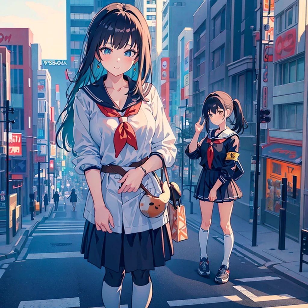  ((Two giant high school girls standing on the road) ) Composition seen from below, true sunset, sunset, evening, masterpiece Anime style Delicate painting 4K 90's Huge Multiple crowd Crowd in a big city Lots of people ) (( Sailor Uniform)) ((School Uniform)) ((Big City)), ((Tokyo Akihabara Electric Town)), Big Breasts, High School Girl, Transparent Costume, Sweaty, Splashes, Sneakers, Watch, Black Hair, Smile, Female Titan Giant Girl Full Body Crowd Unreal Engine, Cleavage, Image, Earrings, Cute Photo, Beauty, Analog Style, Full Body, Sneakers, GTS, Giant Female Giant, Building Valley Girl, Skyscraper City, Big City, GTS , Giant Female Titan,