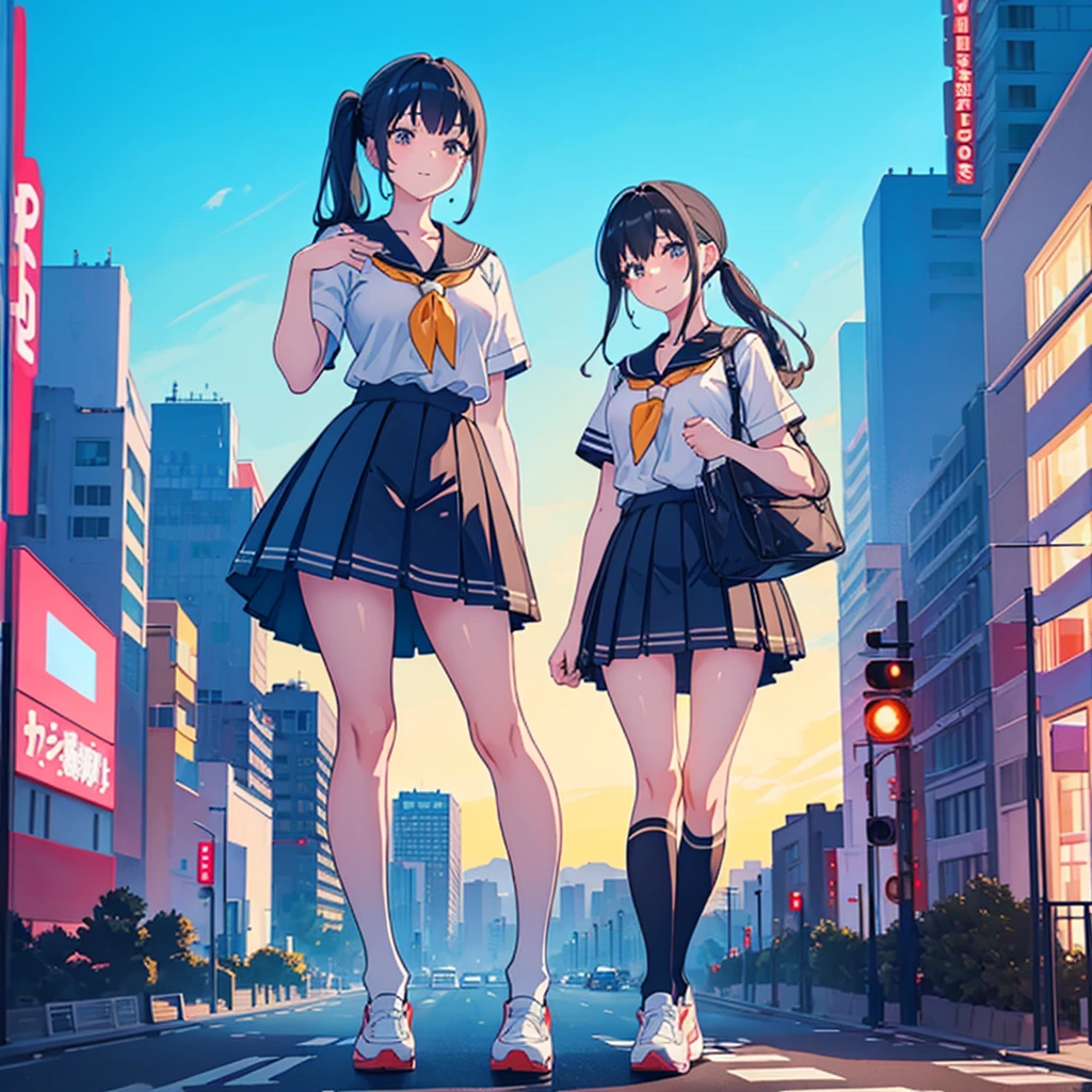  ((Two giant high school girls standing on the road) ) Composition seen from below, true sunset, sunset, evening, masterpiece Anime style Delicate painting 4K 90's Huge Multiple crowd Crowd in a big city Lots of people ) (( Sailor Uniform)) ((School Uniform)) ((Big City)), ((Tokyo Akihabara Electric Town)), Big Breasts, High School Girl, Transparent Costume, Sweaty, Splashes, Sneakers, Watch, Black Hair, Smile, Female Titan Giant Girl Full Body Crowd Unreal Engine, Cleavage, Image, Earrings, Cute Photo, Beauty, Analog Style, Full Body, Sneakers, GTS, Giant Female Giant, Building Valley Girl, Skyscraper City, Big City, GTS , Giant Female Titan,