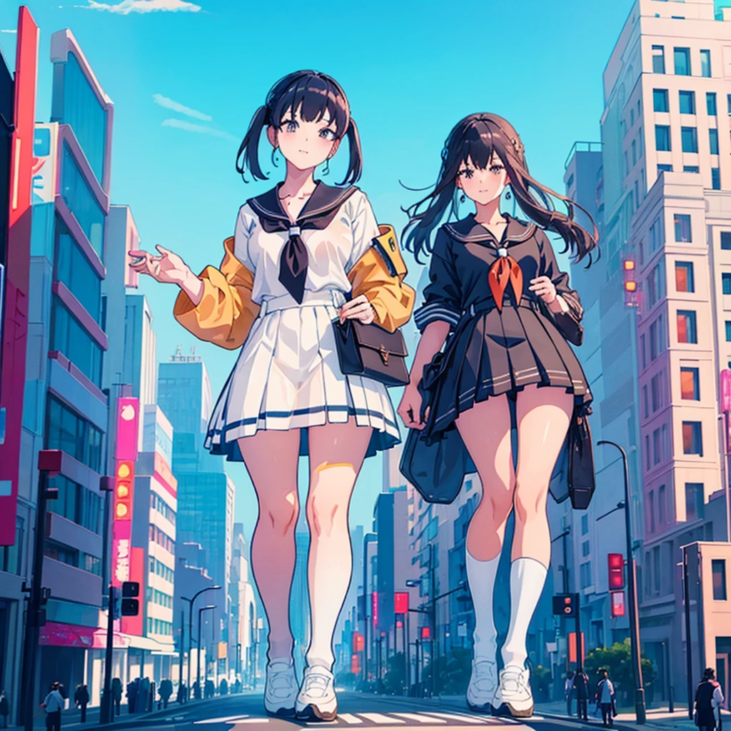  ((Two giant high school girls standing on the road) ) Composition seen from below, true sunset, sunset, evening, masterpiece Anime style Delicate painting 4K 90's Huge Multiple crowd Crowd in a big city Lots of people ) (( Sailor Uniform)) ((School Uniform)) ((Big City)), ((Tokyo Akihabara Electric Town)), Big Breasts, High School Girl, Transparent Costume, Sweaty, Splashes, Sneakers, Watch, Black Hair, Smile, Female Titan Giant Girl Full Body Crowd Unreal Engine, Cleavage, Image, Earrings, Cute Photo, Beauty, Analog Style, Full Body, Sneakers, GTS, Giant Female Giant, Building Valley Girl, Skyscraper City, Big City, GTS , Giant Female Titan,