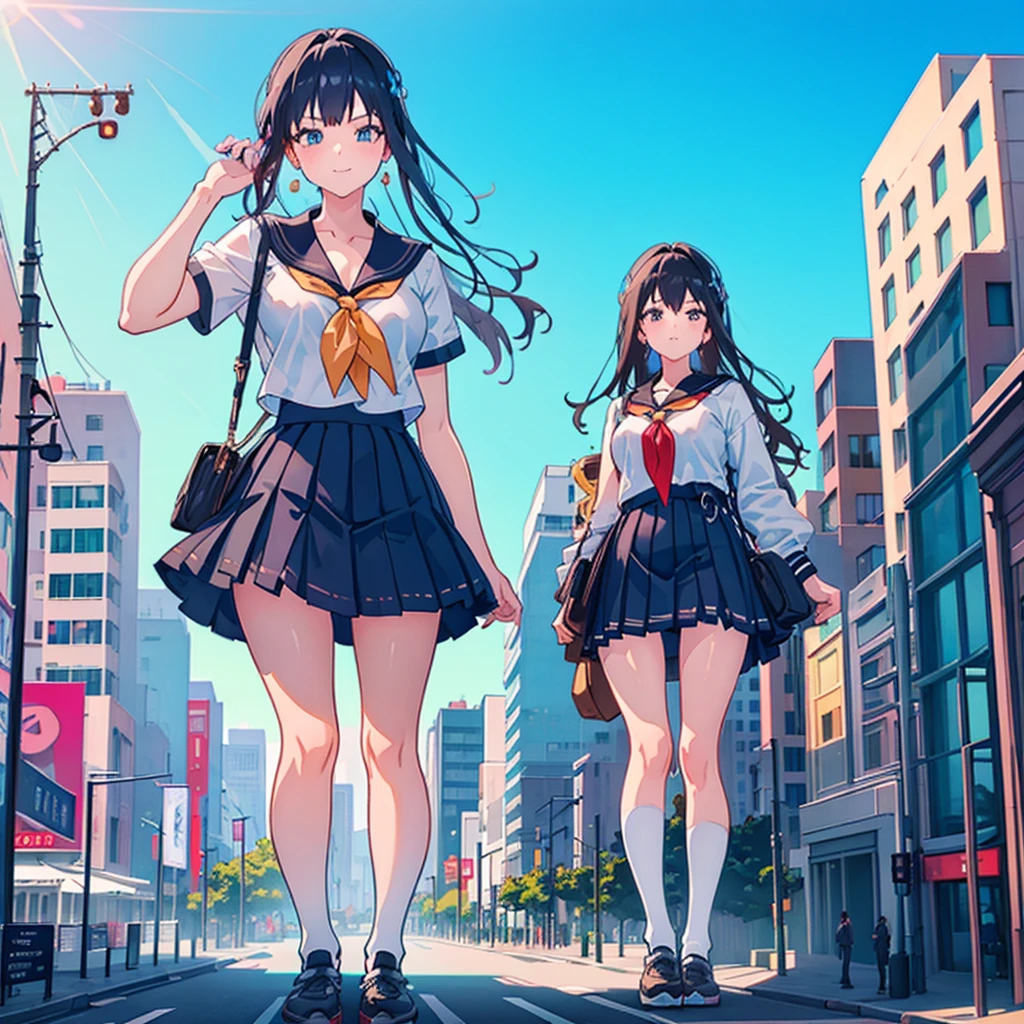  ((Two giant high school girls standing on the road) ) Composition seen from below, true sunset, sunset, evening, masterpiece Anime style Delicate painting 4K 90's Huge Multiple crowd Crowd in a big city Lots of people ) (( Sailor Uniform)) ((School Uniform)) ((Big City)), ((Tokyo Akihabara Electric Town)), Big Breasts, High School Girl, Transparent Costume, Sweaty, Splashes, Sneakers, Watch, Black Hair, Smile, Female Titan Giant Girl Full Body Crowd Unreal Engine, Cleavage, Image, Earrings, Cute Photo, Beauty, Analog Style, Full Body, Sneakers, GTS, Giant Female Giant, Building Valley Girl, Skyscraper City, Big City, GTS , Giant Female Titan,