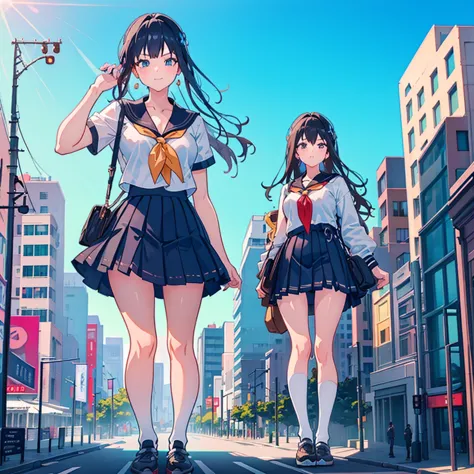 ((two giant high school girls standing on the road) ) composition seen from below, true sunset, sunset, evening, masterpiece ani...