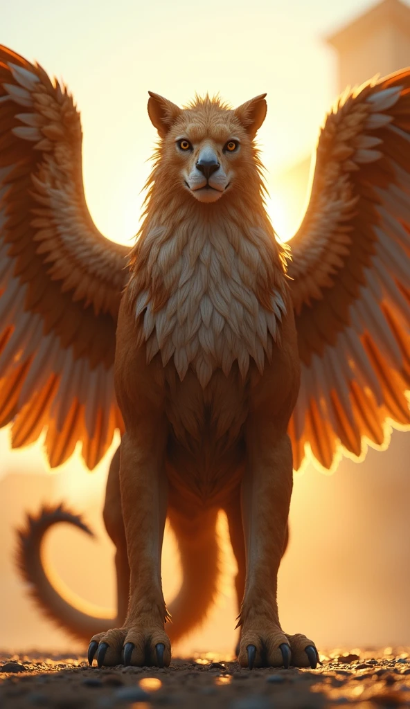 a griffin standing with its wings extended, sunlight shining bright, low angle camera, well defined detail, sharp color, high definition