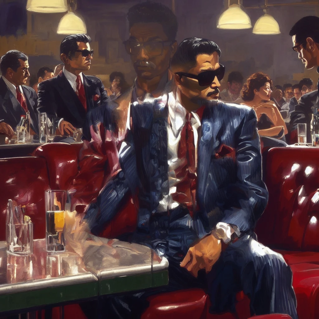 there is a man sitting at a table with a drink in his hand, in style of kar wai wong, neo - noir style, mafia background hyper detailed, neo noir style, neo - noir setting, inspired by Vincent Lefevre, inspired by F Scott Hess, by John La Gatta, gta vice city style art, mobster, confortable atmosphere