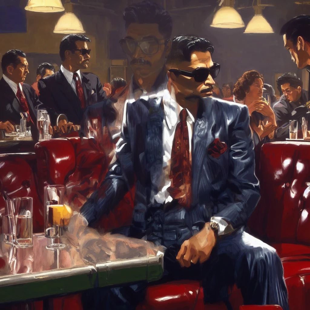 there is a man sitting at a table with a drink in his hand, in style of kar wai wong, neo - noir style, mafia background hyper detailed, neo noir style, neo - noir setting, inspired by Vincent Lefevre, inspired by F Scott Hess, by John La Gatta, gta vice city style art, mobster, confortable atmosphere