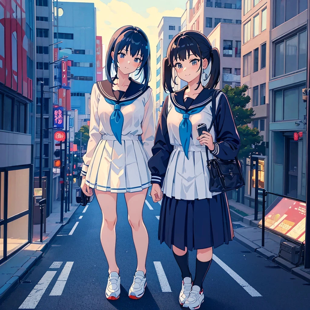  ((Two giant high school girls standing on the road) ) Composition seen from below, true sunset, sunset, evening, masterpiece Anime style Delicate painting 4K 90's Huge Multiple crowd Crowd in a big city Lots of people ) (( Sailor Uniform)) ((School Uniform)) ((Big City)), ((Tokyo Akihabara Electric Town)), Big Breasts, High School Girl, Transparent Costume, Sweaty, Splashes, Sneakers, Watch, Black Hair, Smile, Female Titan Giant Girl Full Body Crowd Unreal Engine, Cleavage, Image, Earrings, Cute Photo, Beauty, Analog Style, Full Body, Sneakers, GTS, Giant Female Giant, Building Valley Girl, Skyscraper City, Big City, GTS , Giant Female Titan,