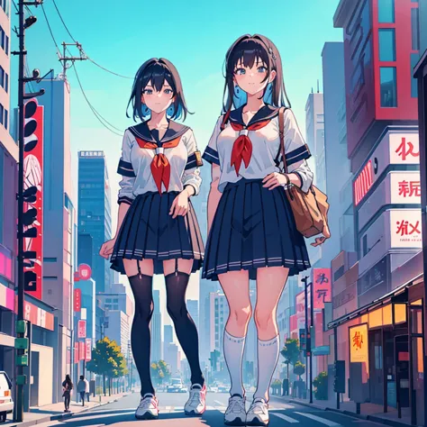 ((two giant high school girls standing on the road) ) composition seen from below, true sunset, sunset, evening, masterpiece ani...