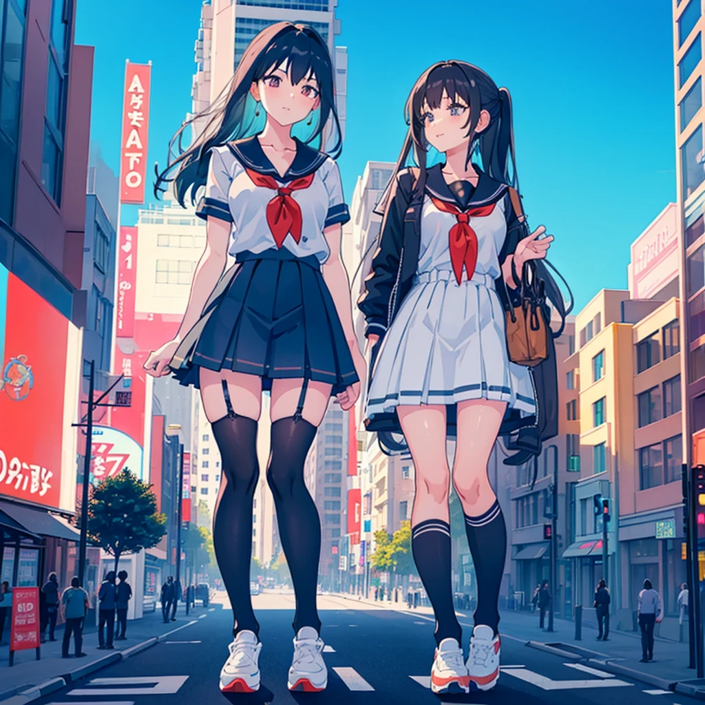  ((Two giant high school girls standing on the road) ) Composition seen from below, true sunset, sunset, evening, masterpiece Anime style Delicate painting 4K 90's Huge Multiple crowd Crowd in a big city Lots of people ) (( Sailor Uniform)) ((School Uniform)) ((Big City)), ((Tokyo Akihabara Electric Town)), Big Breasts, High School Girl, Transparent Costume, Sweaty, Splashes, Sneakers, Watch, Black Hair, Smile, Female Titan Giant Girl Full Body Crowd Unreal Engine, Cleavage, Image, Earrings, Cute Photo, Beauty, Analog Style, Full Body, Sneakers, GTS, Giant Female Giant, Building Valley Girl, Skyscraper City, Big City, GTS , Giant Female Titan,