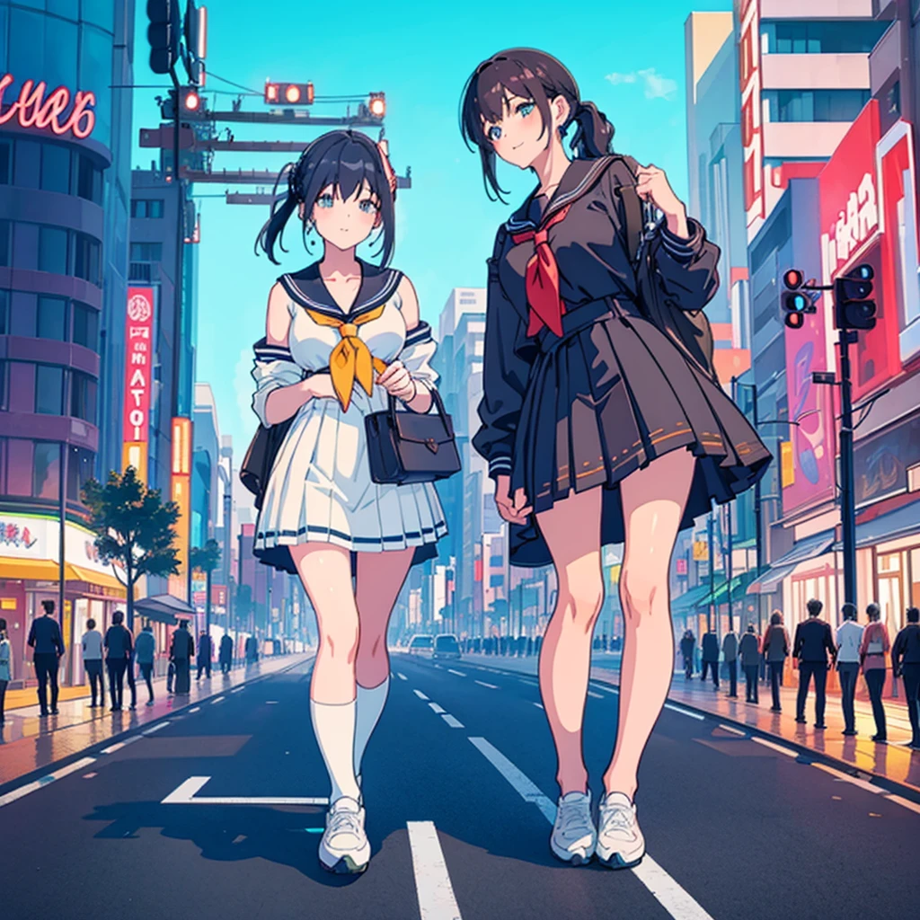  ((Two giant high school girls standing on the road) ) Composition seen from below, true sunset, sunset, evening, masterpiece Anime style Delicate painting 4K 90's Huge Multiple crowd Crowd in a big city Lots of people ) (( Sailor Uniform)) ((School Uniform)) ((Big City)), ((Tokyo Akihabara Electric Town)), Big Breasts, High School Girl, Transparent Costume, Sweaty, Splashes, Sneakers, Watch, Black Hair, Smile, Female Titan Giant Girl Full Body Crowd Unreal Engine, Cleavage, Image, Earrings, Cute Photo, Beauty, Analog Style, Full Body, Sneakers, GTS, Giant Female Giant, Building Valley Girl, Skyscraper City, Big City, GTS , Giant Female Titan,