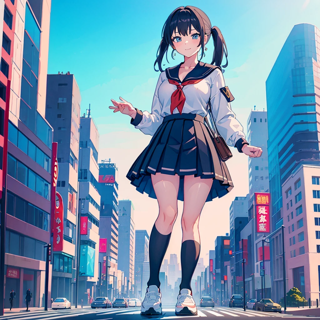  ((Two giant high school girls standing on the road) ) Composition seen from below, true sunset, sunset, evening, masterpiece Anime style Delicate painting 4K 90's Huge Multiple crowd Crowd in a big city Lots of people ) (( Sailor Uniform)) ((School Uniform)) ((Big City)), ((Tokyo Akihabara Electric Town)), Big Breasts, High School Girl, Transparent Costume, Sweaty, Splashes, Sneakers, Watch, Black Hair, Smile, Female Titan Giant Girl Full Body Crowd Unreal Engine, Cleavage, Image, Earrings, Cute Photo, Beauty, Analog Style, Full Body, Sneakers, GTS, Giant Female Giant, Building Valley Girl, Skyscraper City, Big City, GTS , Giant Female Titan,