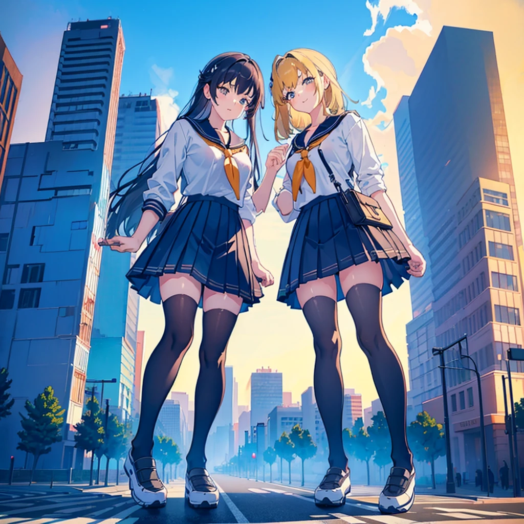  ((Two giant high school girls standing on the road) ) Composition seen from below, true sunset, sunset, evening, masterpiece Anime style Delicate painting 4K 90's Huge Multiple crowd Crowd in a big city Lots of people ) (( Sailor Uniform)) ((School Uniform)) ((Big City)), ((Tokyo Akihabara Electric Town)), Big Breasts, High School Girl, Transparent Costume, Sweaty, Splashes, Sneakers, Watch, Black Hair, Smile, Female Titan Giant Girl Full Body Crowd Unreal Engine, Cleavage, Image, Earrings, Cute Photo, Beauty, Analog Style, Full Body, Sneakers, GTS, Giant Female Giant, Building Valley Girl, Skyscraper City, Big City, GTS , Giant Female Titan,