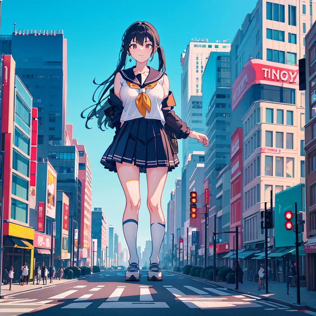  ((Two giant high school girls standing on the road) ) Composition seen from below, true sunset, sunset, evening, masterpiece Anime style Delicate painting 4K 90's Huge Multiple crowd Crowd in a big city Lots of people ) (( Sailor Uniform)) ((School Uniform)) ((Big City)), ((Tokyo Akihabara Electric Town)), Big Breasts, High School Girl, Transparent Costume, Sweaty, Splashes, Sneakers, Watch, Black Hair, Smile, Female Titan Giant Girl Full Body Crowd Unreal Engine, Cleavage, Image, Earrings, Cute Photo, Beauty, Analog Style, Full Body, Sneakers, GTS, Giant Female Giant, Building Valley Girl, Skyscraper City, Big City, GTS , Giant Female Titan,