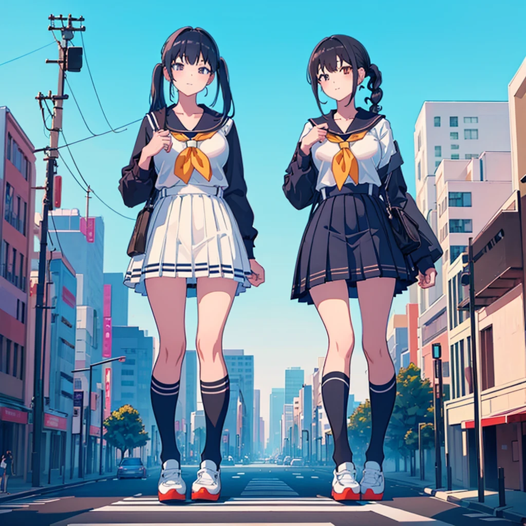  ((Two giant high school girls standing on the road) ) Composition seen from below, true sunset, sunset, evening, masterpiece Anime style Delicate painting 4K 90's Huge Multiple crowd Crowd in a big city Lots of people ) (( Sailor Uniform)) ((School Uniform)) ((Big City)), ((Tokyo Akihabara Electric Town)), Big Breasts, High School Girl, Transparent Costume, Sweaty, Splashes, Sneakers, Watch, Black Hair, Smile, Female Titan Giant Girl Full Body Crowd Unreal Engine, Cleavage, Image, Earrings, Cute Photo, Beauty, Analog Style, Full Body, Sneakers, GTS, Giant Female Giant, Building Valley Girl, Skyscraper City, Big City, GTS , Giant Female Titan,