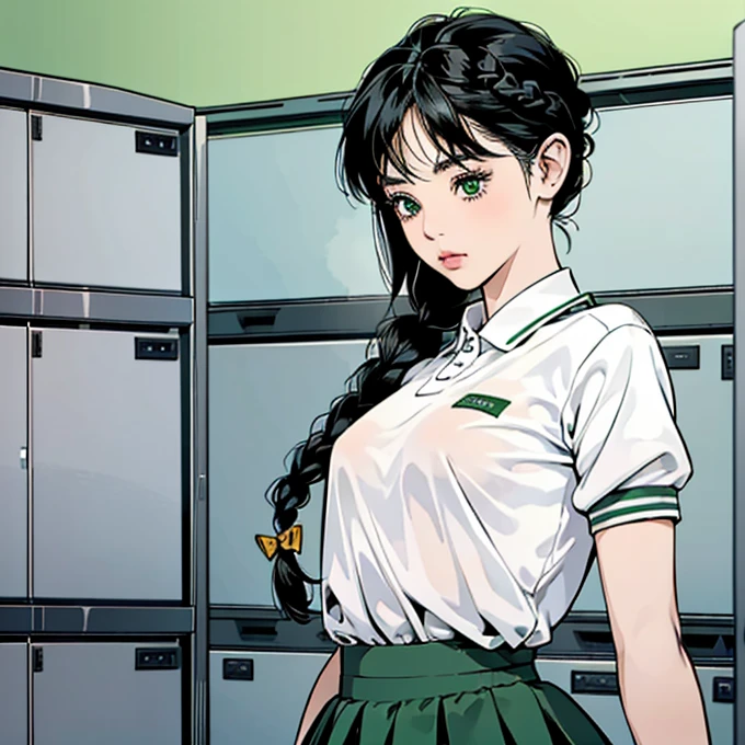 A girl with black hair in braids, green eyes, thin lips, round face, small flat breasts, thick hips, lolita style, 1, wearing a private physical education uniform, inside the locker room,boobs