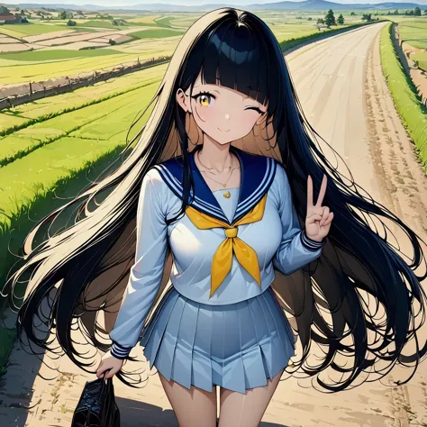 (((anime))) winking woman,peace sign,cute,student,long hair,fluffy long hair,(black hair),diagonal bangs,necklace,yellow eyes,bi...