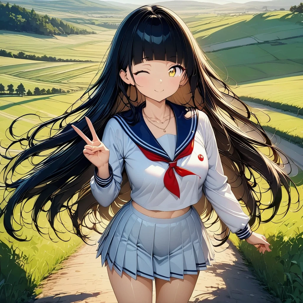 (((anime))) Winking Woman,peace sign,cute,student,Long Hair,Fluffy long hair,(Black Hair),Diagonal bangs,necklace,Yellow Eyes,Big Eyes Sailor Suit,mini skirt,stroll,countryside,Lots of fields,sunlight,masterpiece,Highest quality,Exquisite,8k,Absurd,Ultra-fine illustrations,(View your viewers)