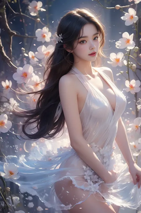 liquid clothes water（quality improvement：1.4）， 1 girl, in the flowers, full breasts，visible cleavage，sexy long legs，the skirt is...