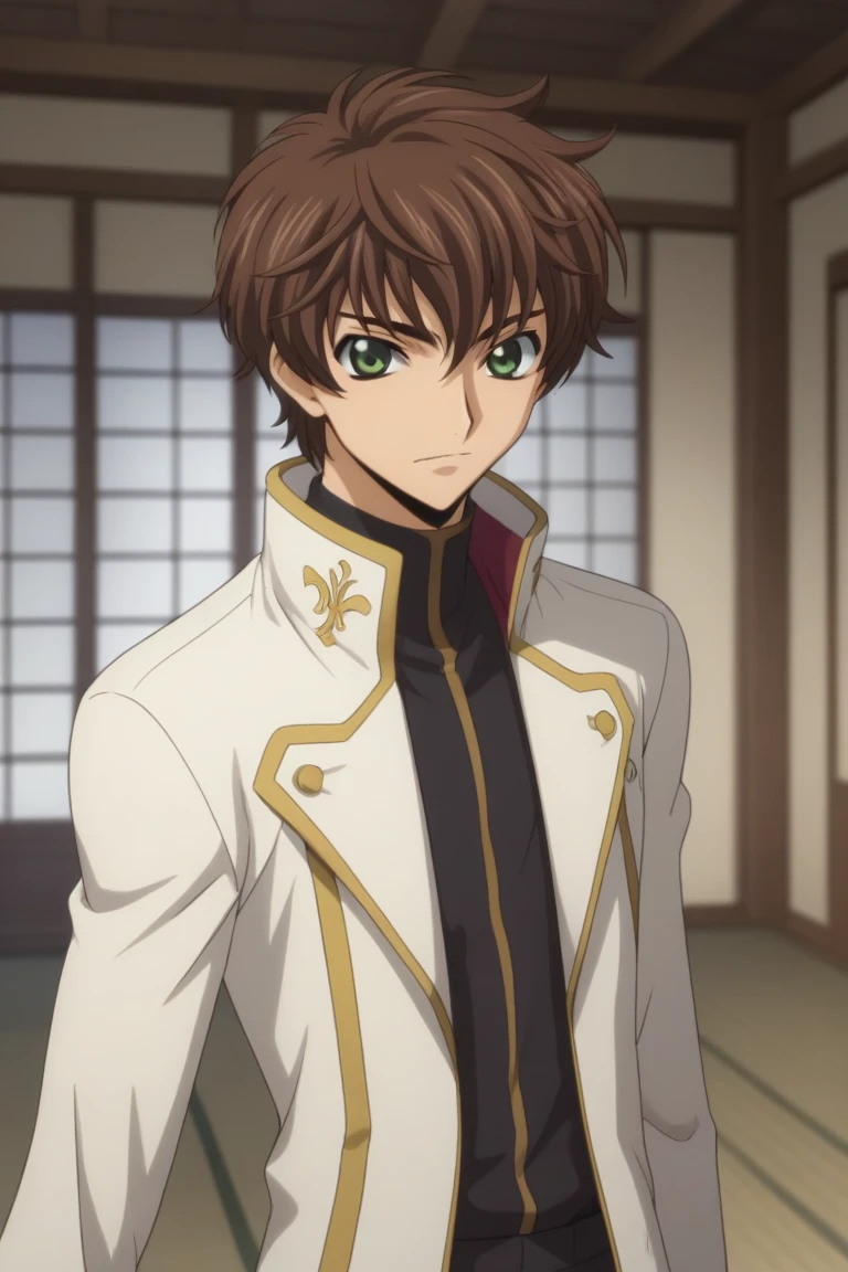 score_9, score_8_up, score_7_up, source_anime, rating_safe, intricate details, , looking at viewer, depth of field, 1boy, solo, male focus, suzaku_kururugi, brown hair, green eyes, upper body, dojo, noon, standing on one leg, skin fang, , mad, white outfit